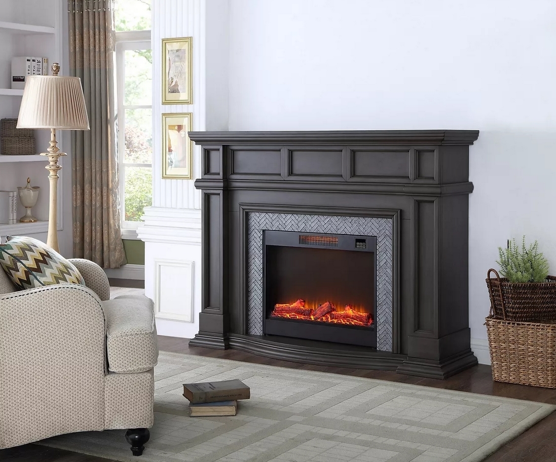 Electric Fireplace With Herringbone Inlay Traditional Gray Mantel