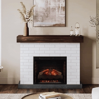 Electric Fireplace With White Brick Mantel Package and Rustic Beam