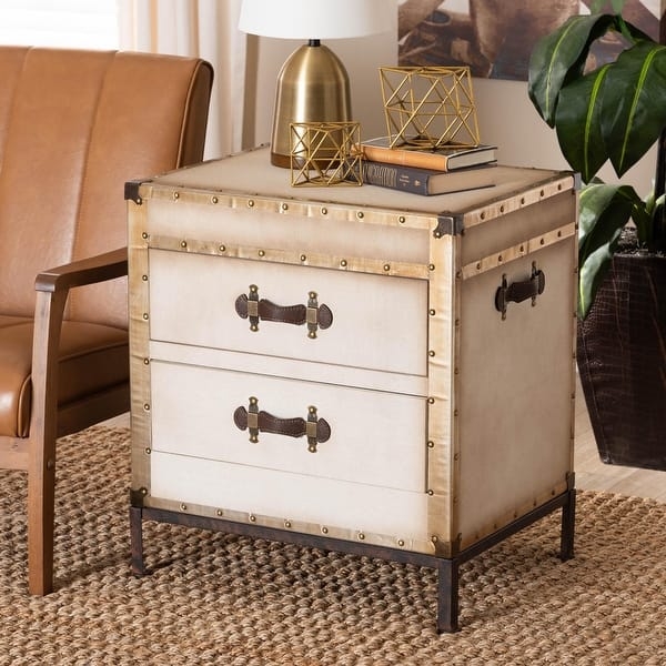 End Table Trunk Canvas Like Fabric Antique Rivet Trim
