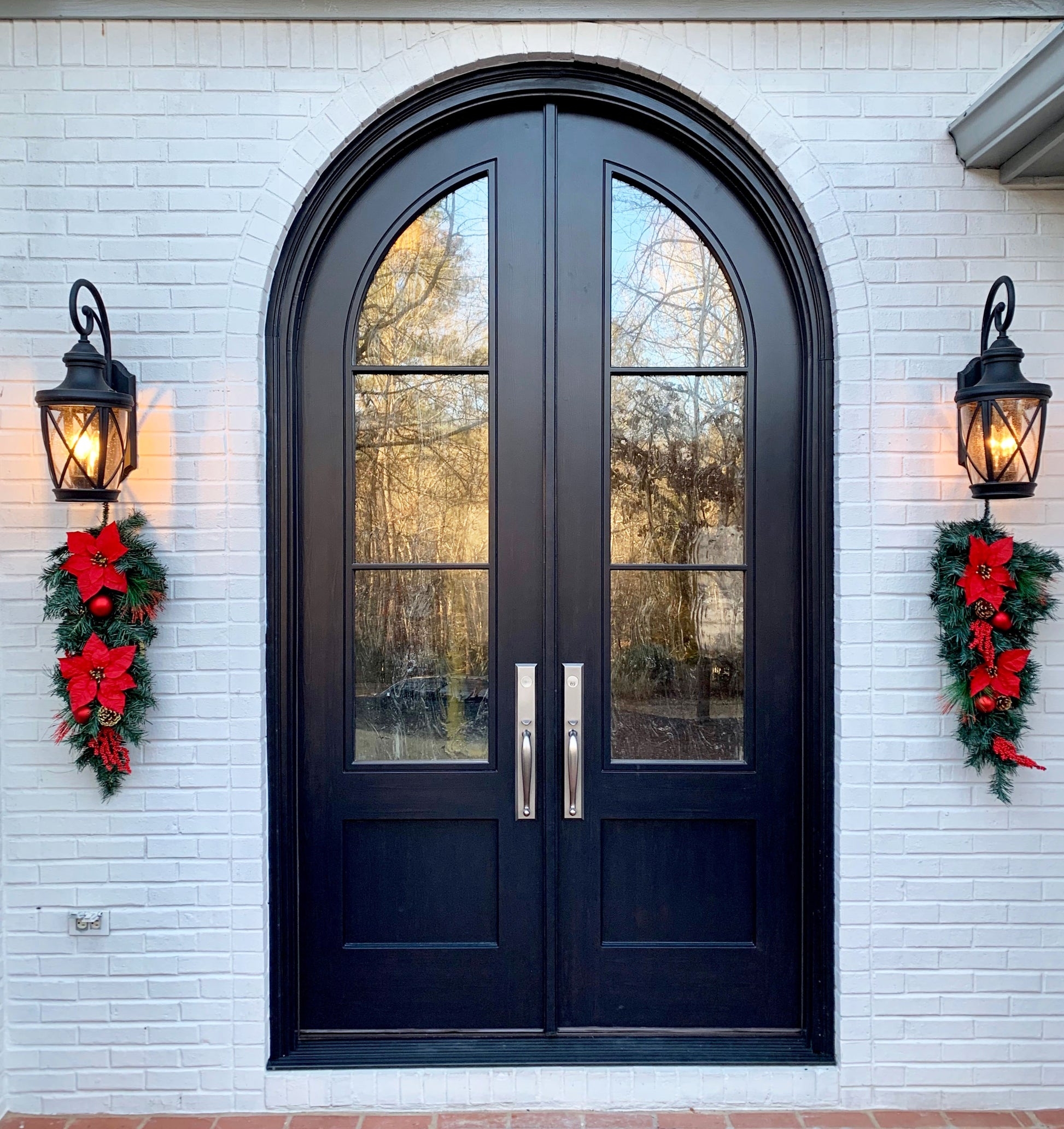 Entry Doors: Arched 3 Lite Black French Vertical Pulls