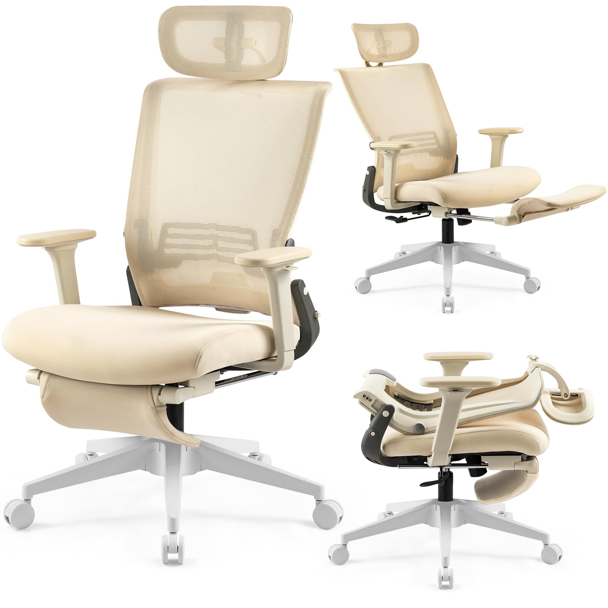 Ergonomic Office Chair: Cream Foldable Back Mesh Desk Seat