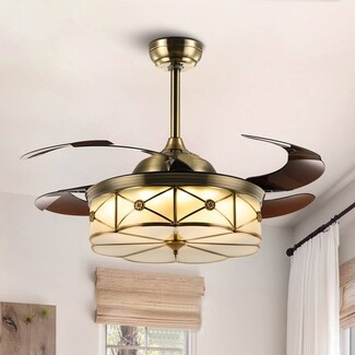 Fandelier with Retractable Blades and Geometric Leaded Shade