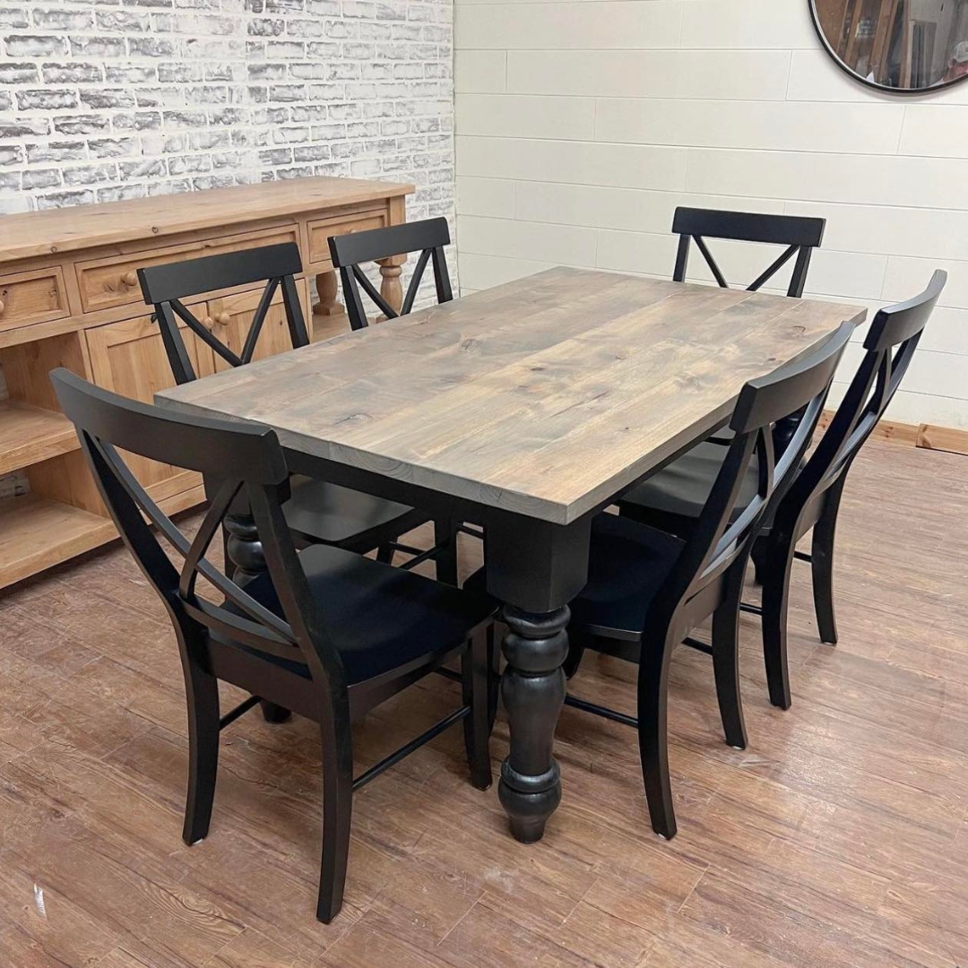 Farmhouse Dining Set Black Turned Legs X-Back Chairs