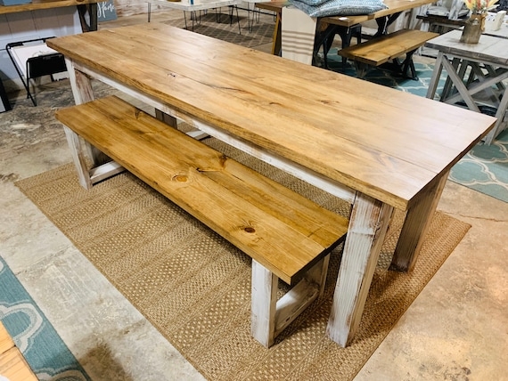 Farmhouse Dining Set: Early American Wood Stain Table and Bench