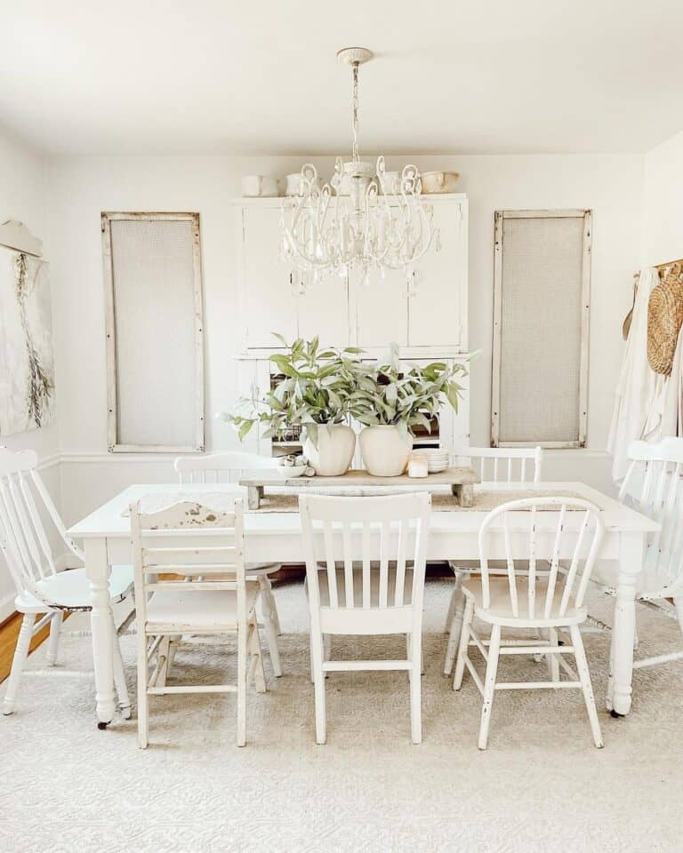Farmhouse Dining Set: Monochromatic Styling and Ornate Glass