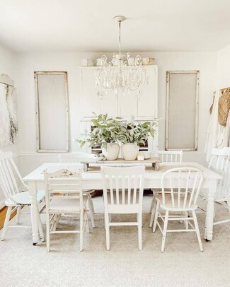 Farmhouse Dining Set: Monochromatic Styling and Ornate Glass