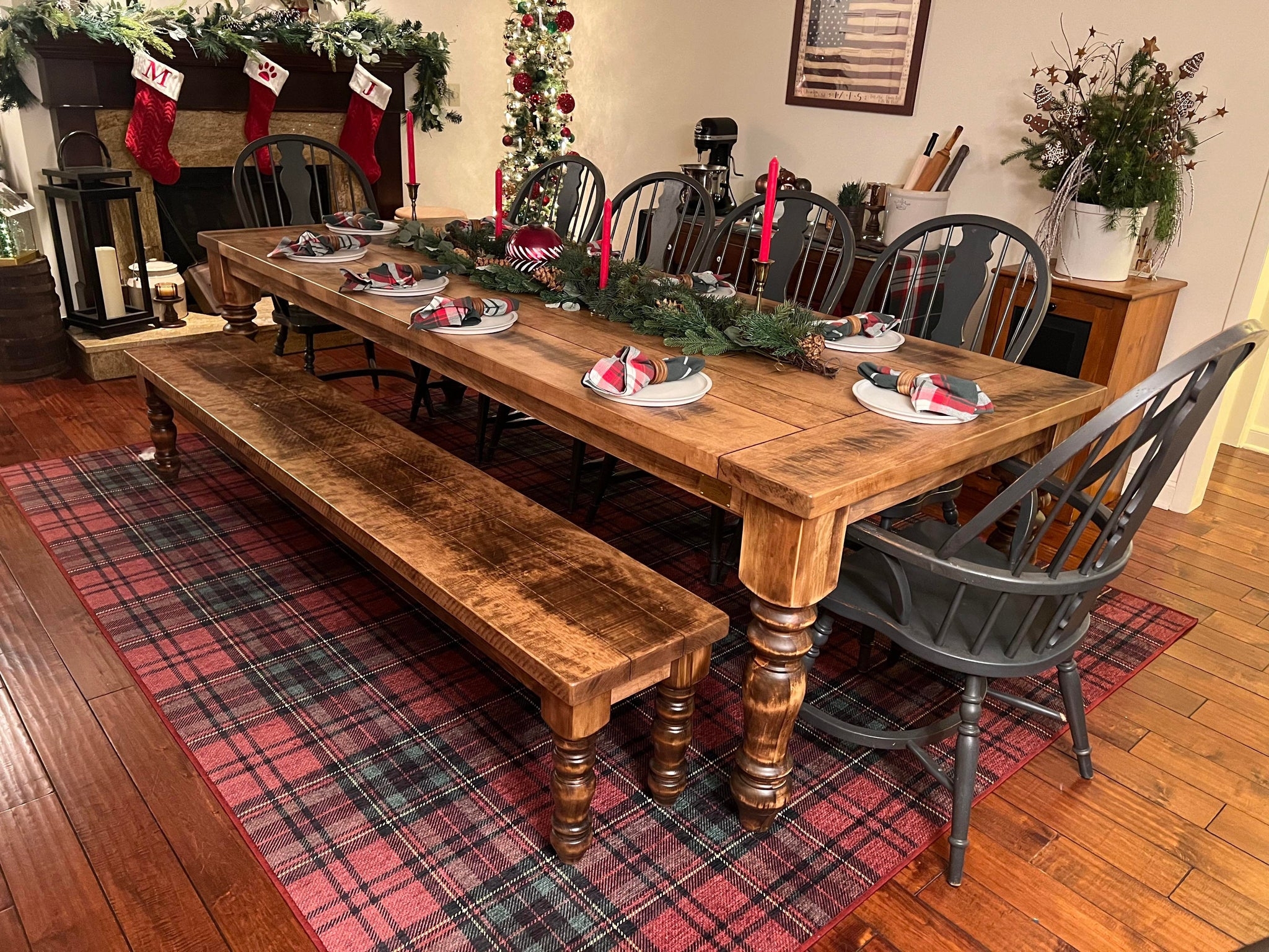 Farmhouse Dining Table Spindle Legs and Matching Bench