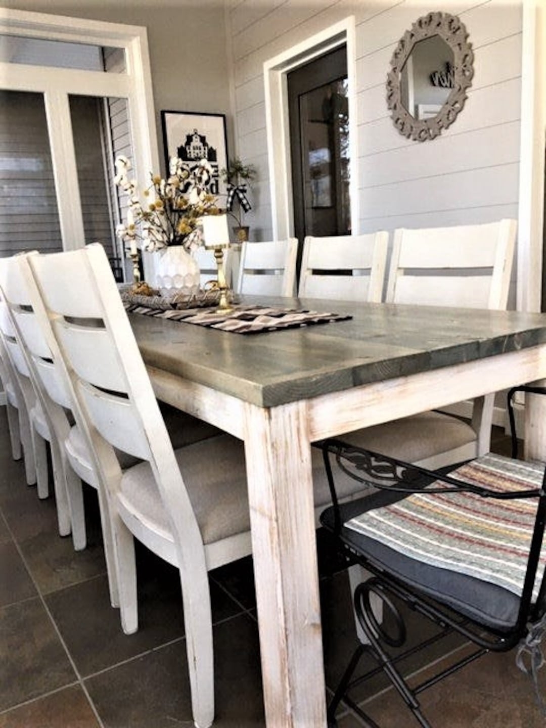 Farmhouse Dining Table: Weathered Grey Wood Slat Back Chairs