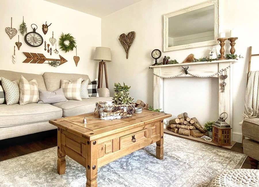 Farmhouse Living Room with Distressed Wood and Rustic Mantel Decor