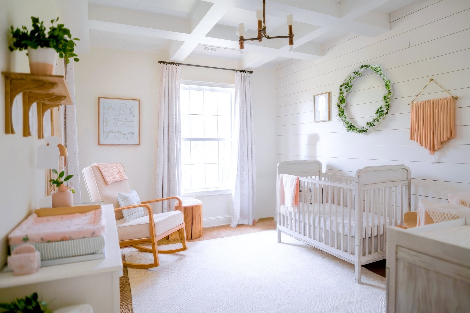 Farmhouse Nursery with Shiplap Accent Wall, Coffered Ceiling
