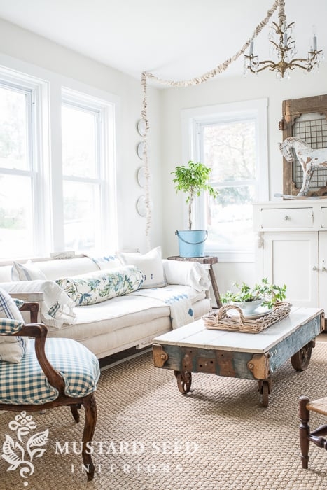 Farmhouse Sofa With Botanical Bolster Blue Gingham Accent Chair