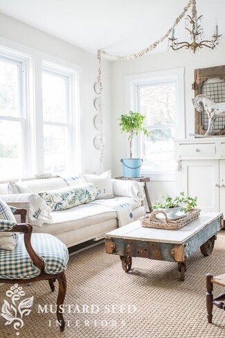 Farmhouse Sofa With Botanical Bolster Blue Gingham Accent Chair