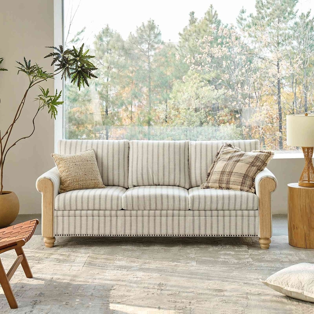 Farmhouse Sofa with Rolled Wooden Arms and Pinstripe Upholstery