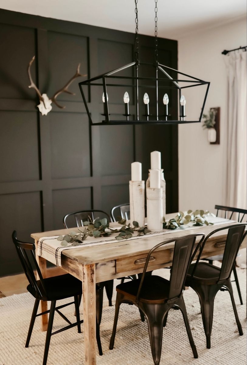 Farmhouse Table Grid Accent Wall Distressed Wood Top
