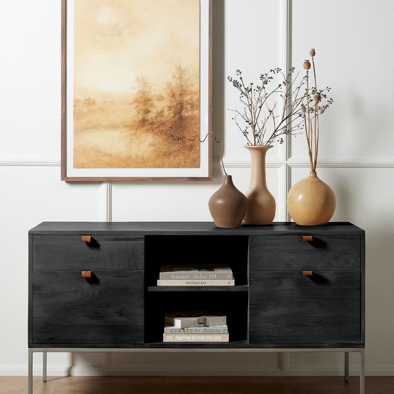Filing Credenza: Leather Pulls Modern Black Filing Credenza