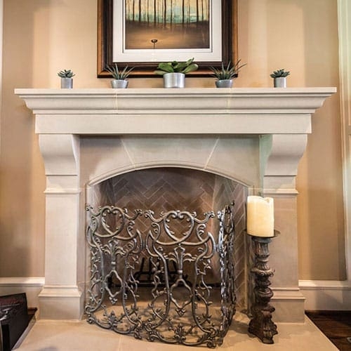 Fireplace Mantel Arched Stone Design With Herringbone Brick