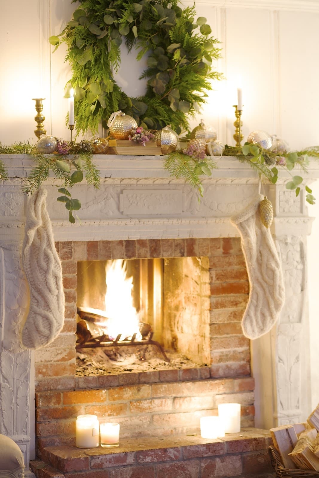 Fireplace Mantel Cable Knit Stockings Brick Hearth