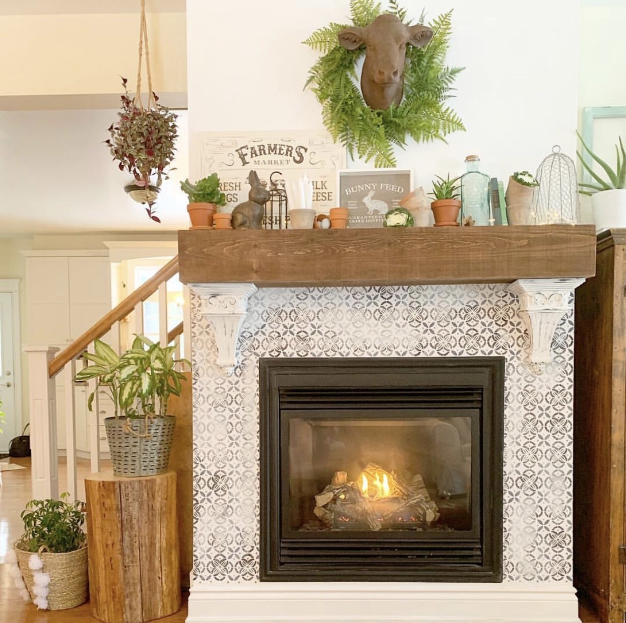 Fireplace Mantel Cow Head Mount Stenciled Surround