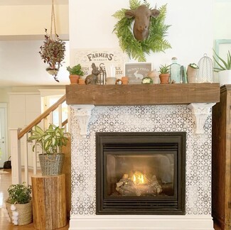 Fireplace Mantel Cow Head Mount Stenciled Surround