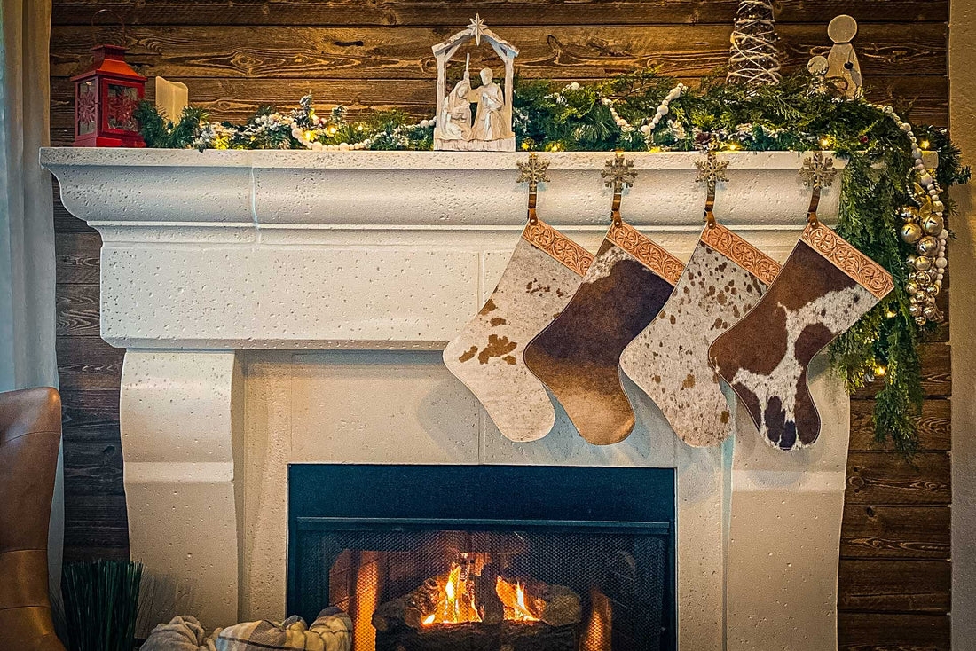 Fireplace Mantel Cowhide Print Stockings Western Christmas Decor