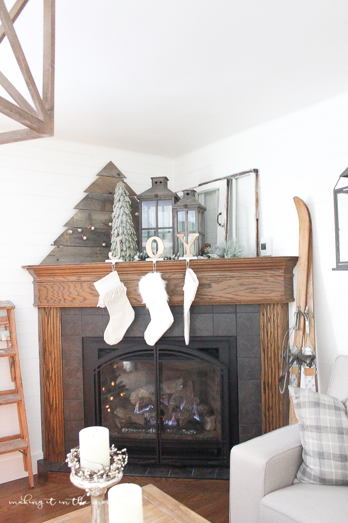 Fireplace Mantel Oak Brown Neutral Holiday Hearth Styling