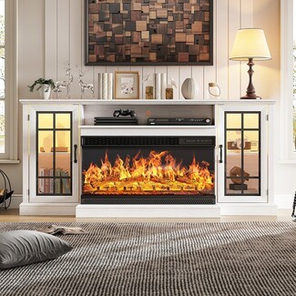 Fireplace Mantel TV Stand with Whitewashed Glass Doors