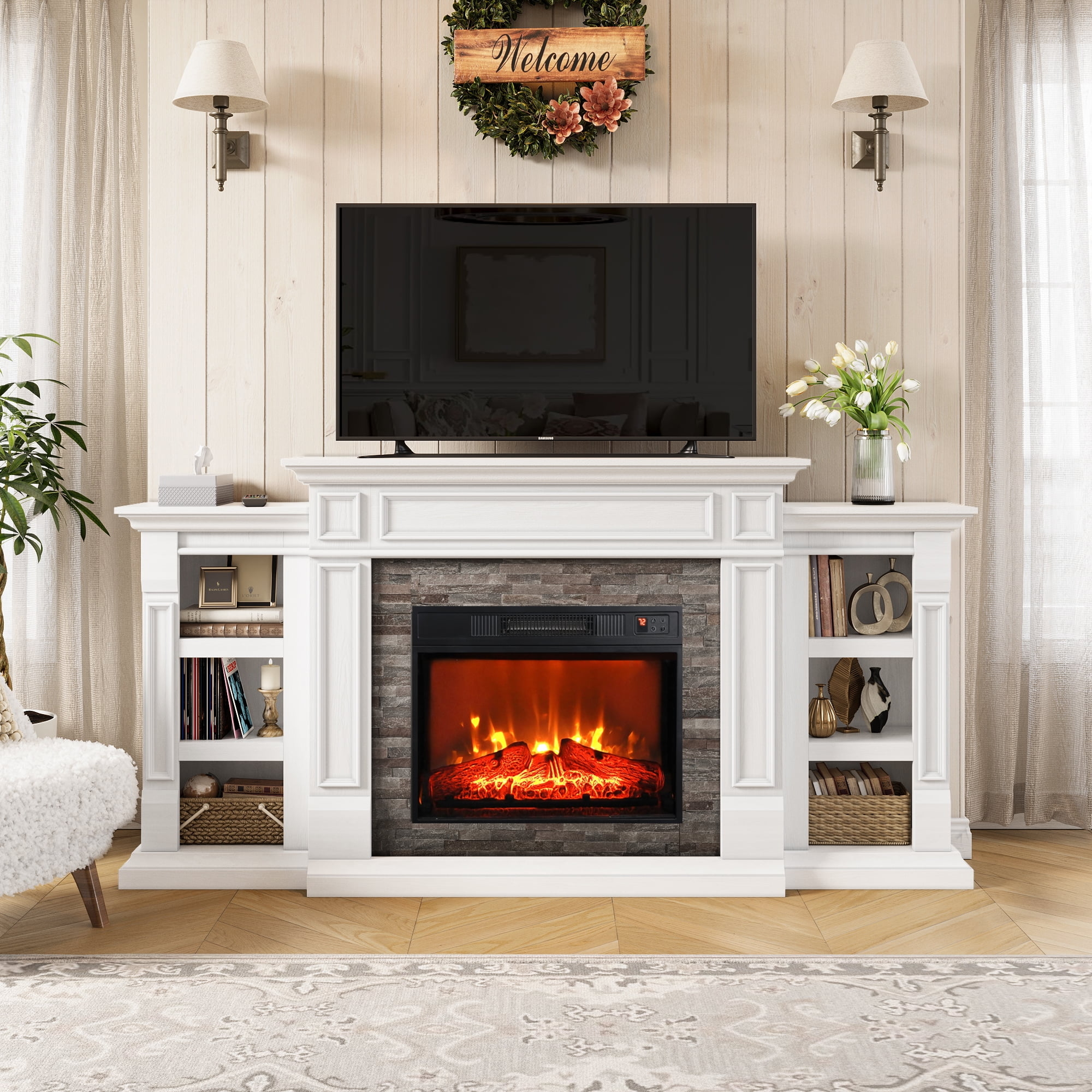 Fireplace Mantel Unit with Built-in Side Bookshelves