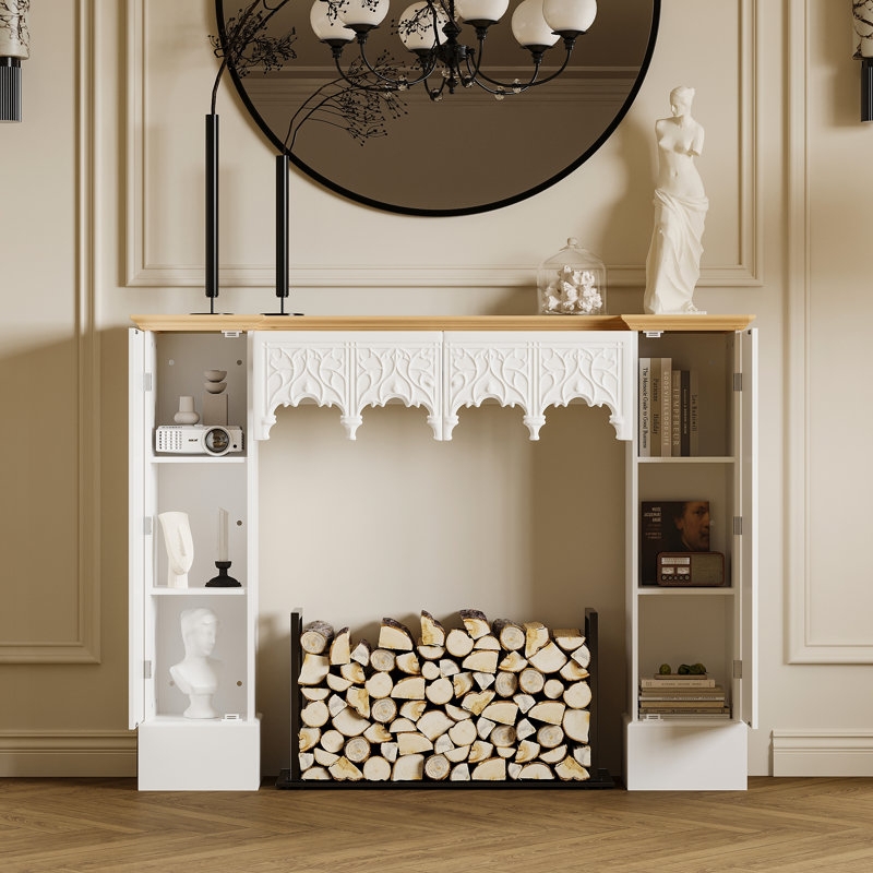 Fireplace Mantel with Gothic Relief Panel and Storage