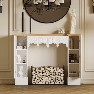 Fireplace Mantel with Gothic Relief Panel and Storage