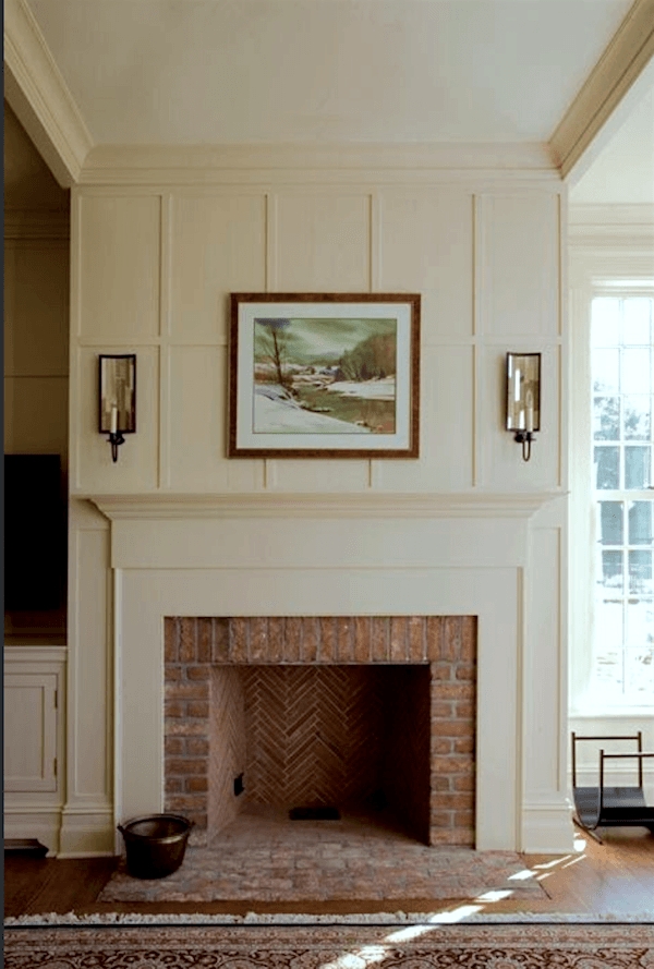 Fireplace Mantel With Herringbone Brick Interior and Paneling