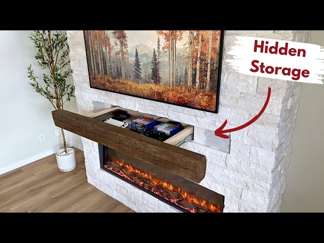 Fireplace Mantel with Hidden Drawer and Stacked Stone
