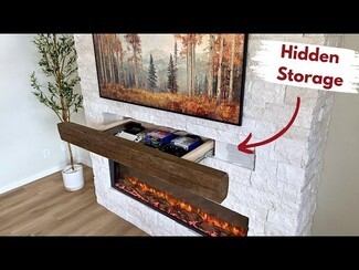 Fireplace Mantel with Hidden Drawer and Stacked Stone