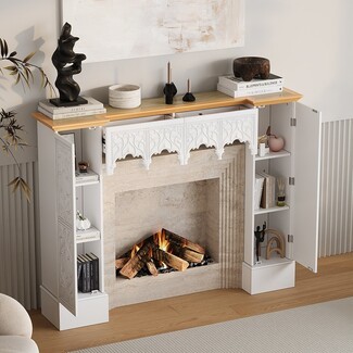 Fireplace Mantel with Hidden Side Storage and Carvings