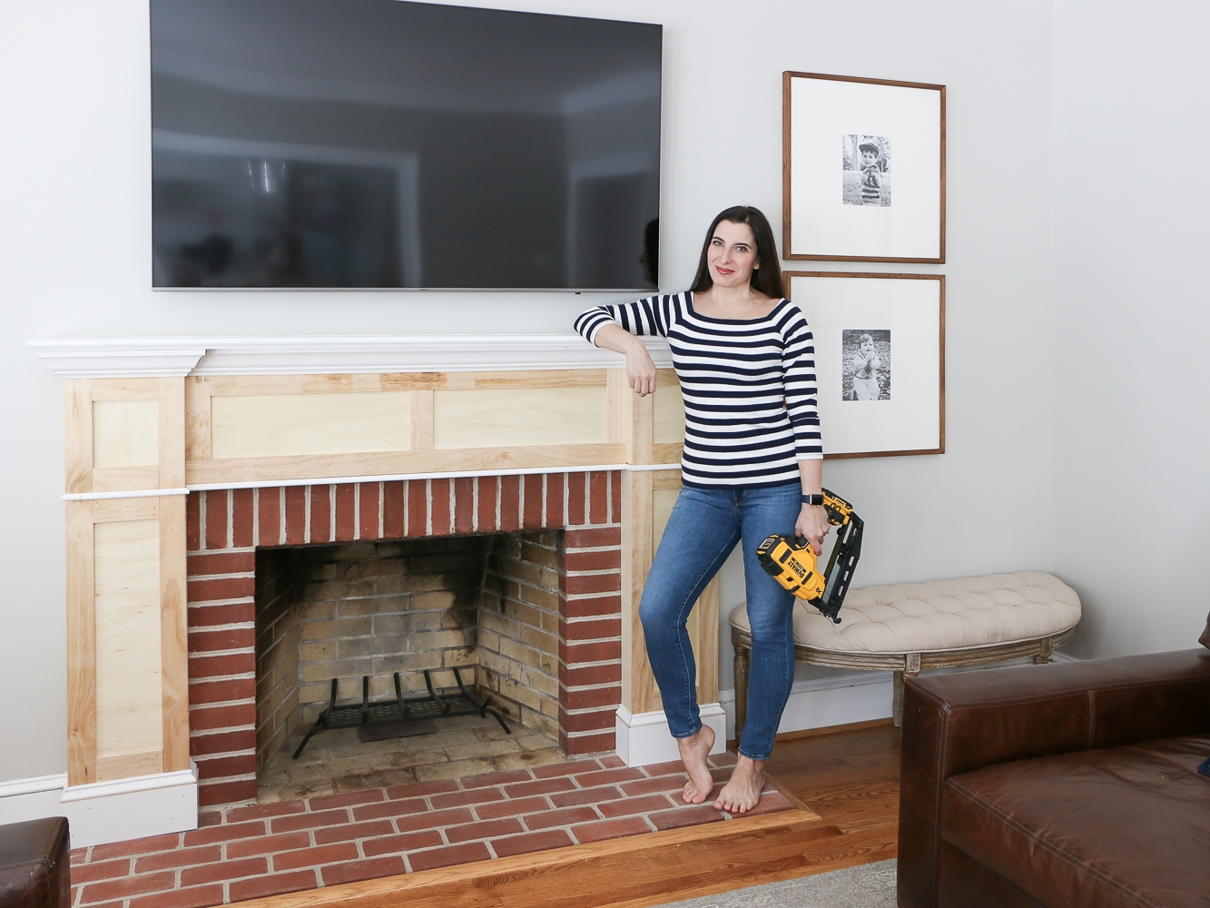 Fireplace Mantel With Unfinished Wood Cladding and Red Brick