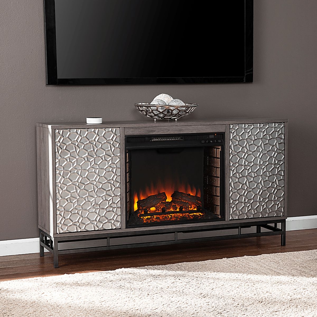 Fireplace Media Console Highlights Geometric Textured Media Console