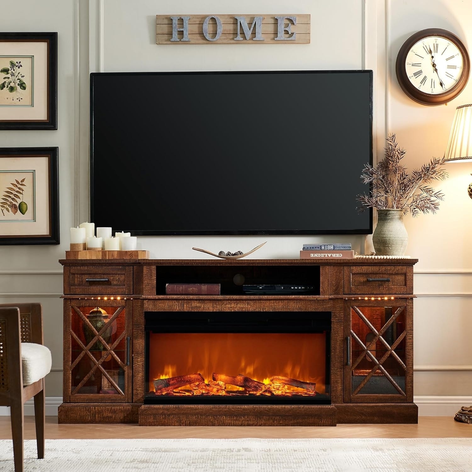 Fireplace TV Stand Displaying X-Mullion Walnut Media Console