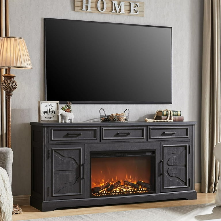 Fireplace TV Stand Features Charcoal Black Black Fireplace Console