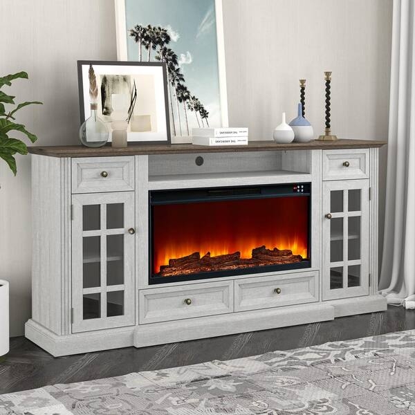 Fireplace TV Stand Featuring Dual Tone Finish Glass Door Console