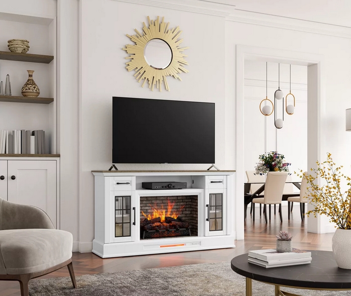 Fireplace TV Stand Having Windowpane Doors White Fireplace Stand