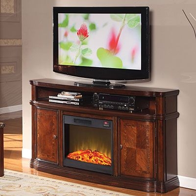 Fireplace TV Stand Highlighting Curved Cherry Wood Fireplace Stand