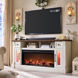 Fireplace TV Stand Holds Soundbar Shelf Two-Tone Fireplace Console
