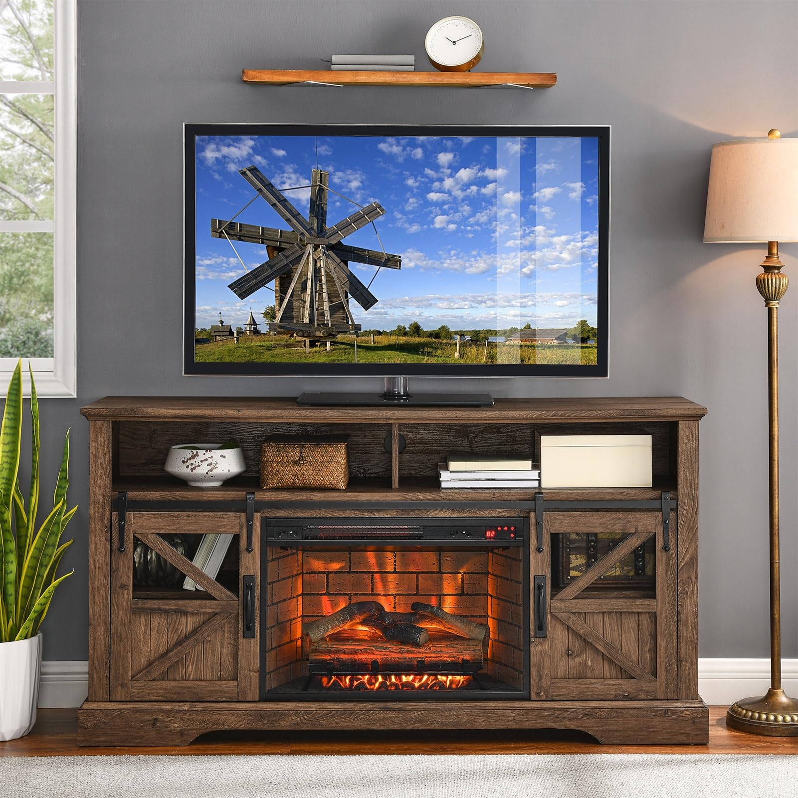 Fireplace TV Stand Includes Sliding Barn Door Media Console
