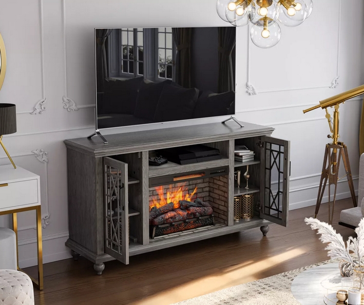 Fireplace TV Stand Incorporating Mullion Doors Grey Fireplace Stand