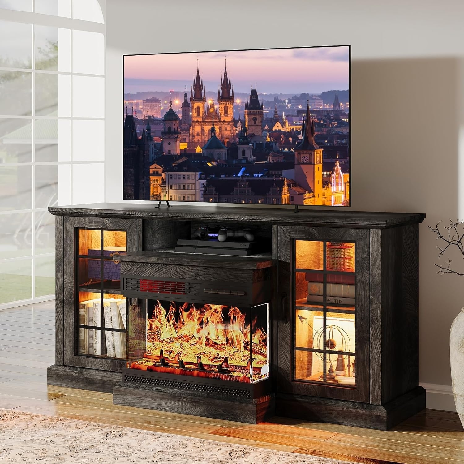 Fireplace TV Stand Possessing Lighted Side Charcoal Fireplace Console
