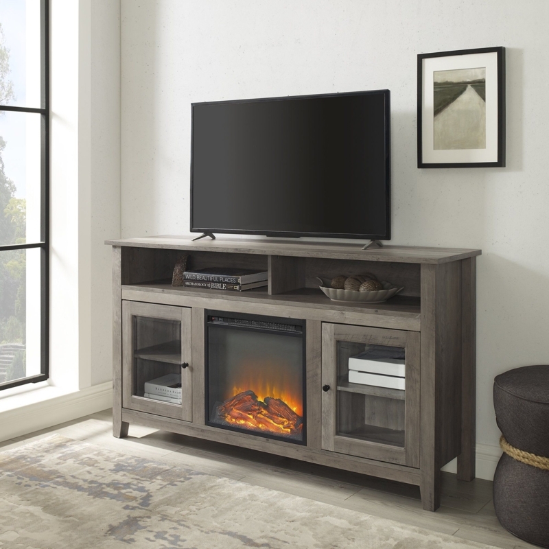 Fireplace TV Stand Showcasing Driftwood Gray Weathered Console