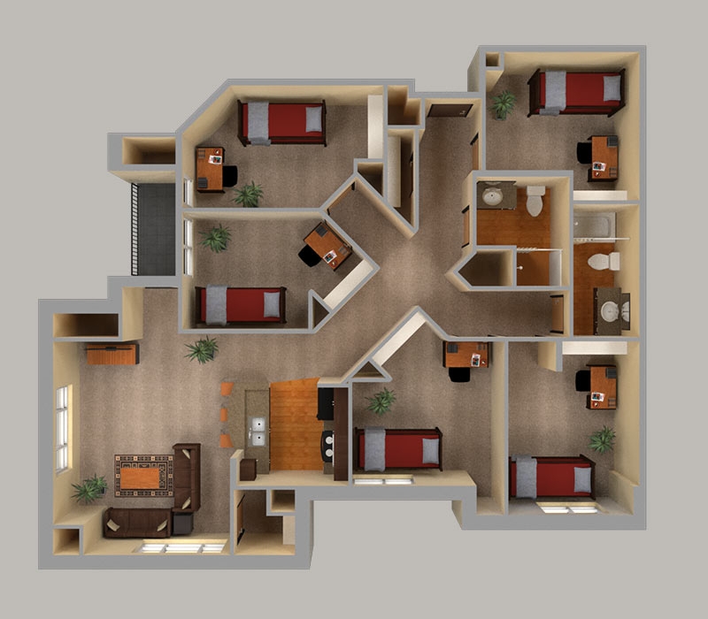 Five Bedroom Apartment with Central Communal Hub and 5B/2B Plan