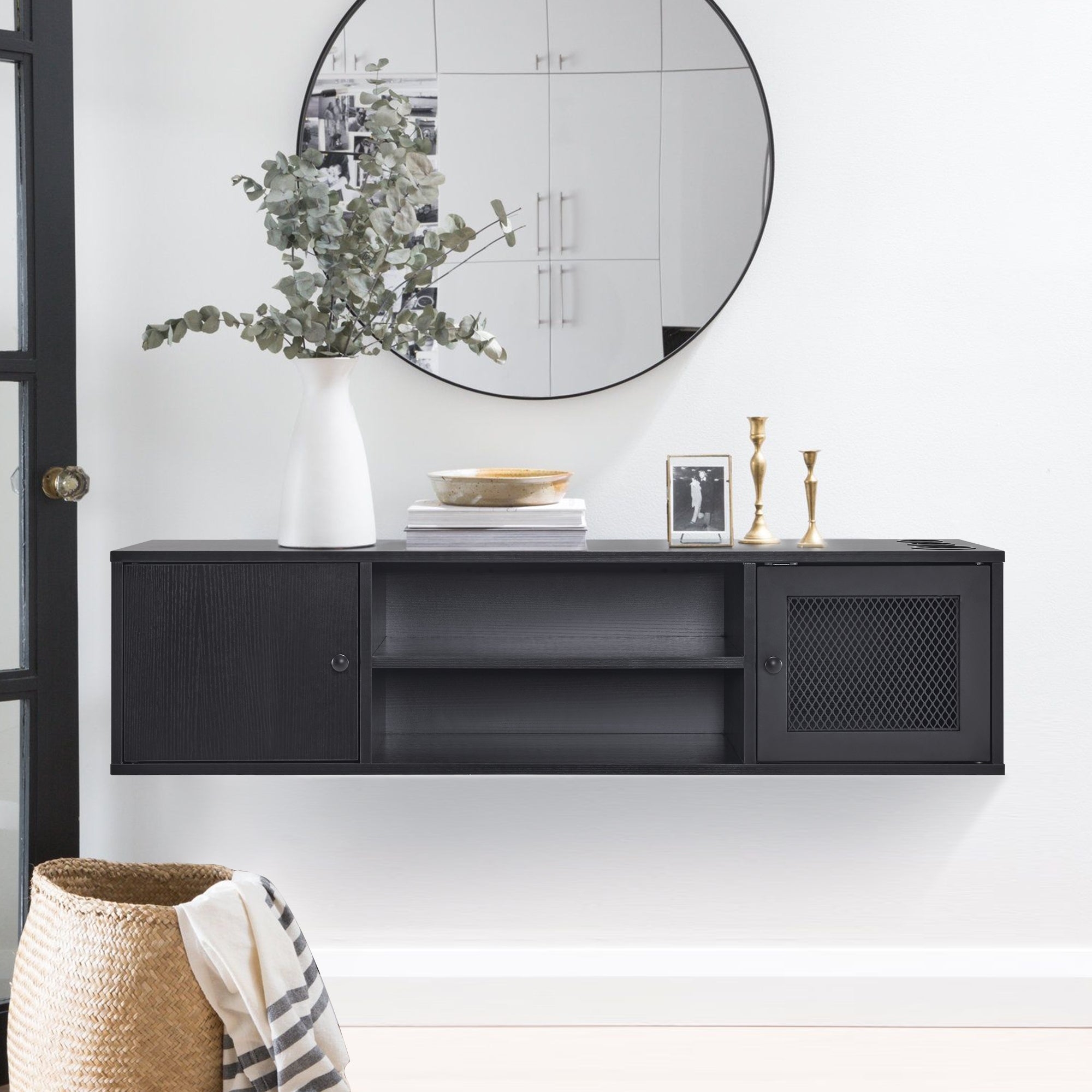 Floating Cabinet with Metal Mesh Door and Wall Mount Design