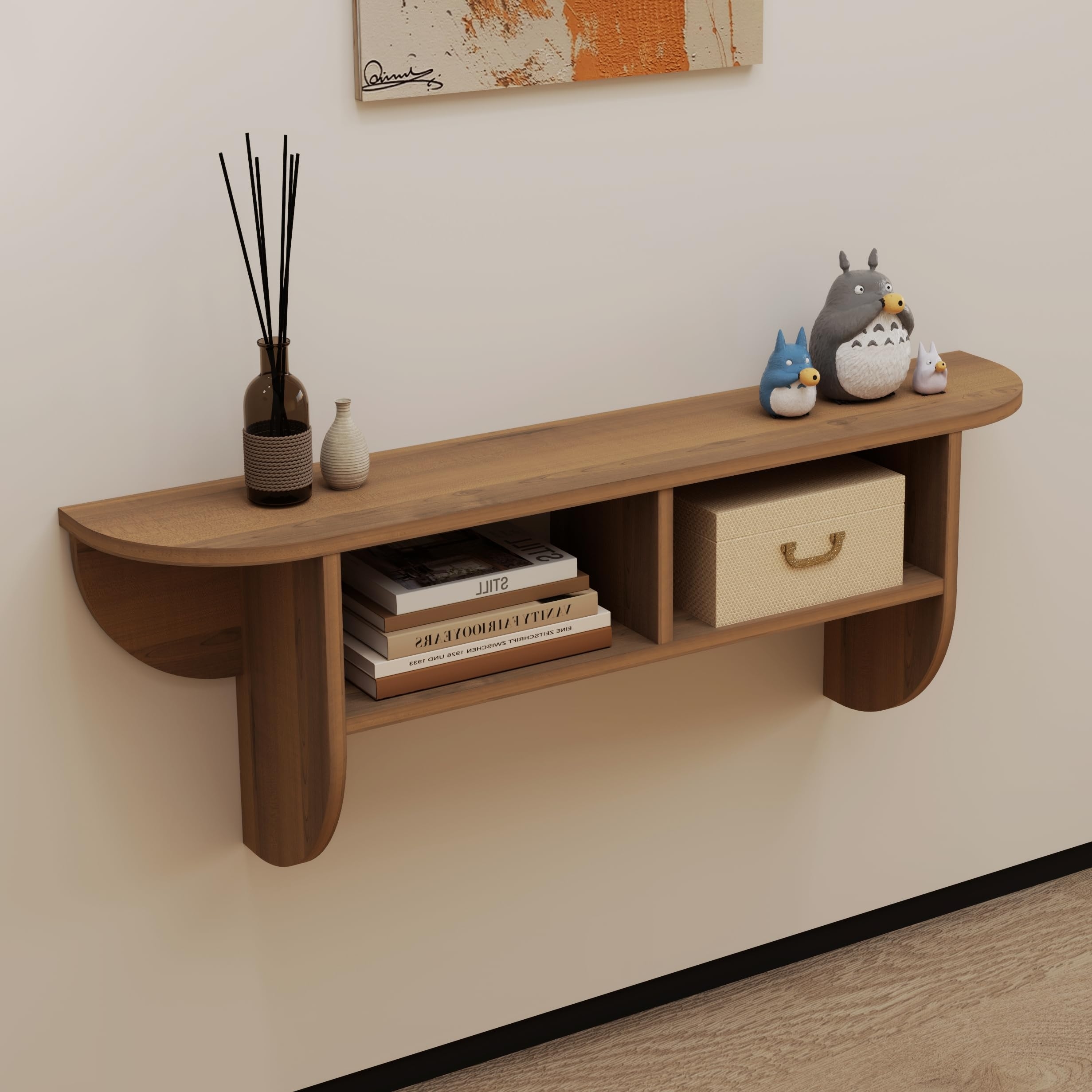 Floating Console Table Curved Edges Walnut Wall Mounted Entryway Shelf