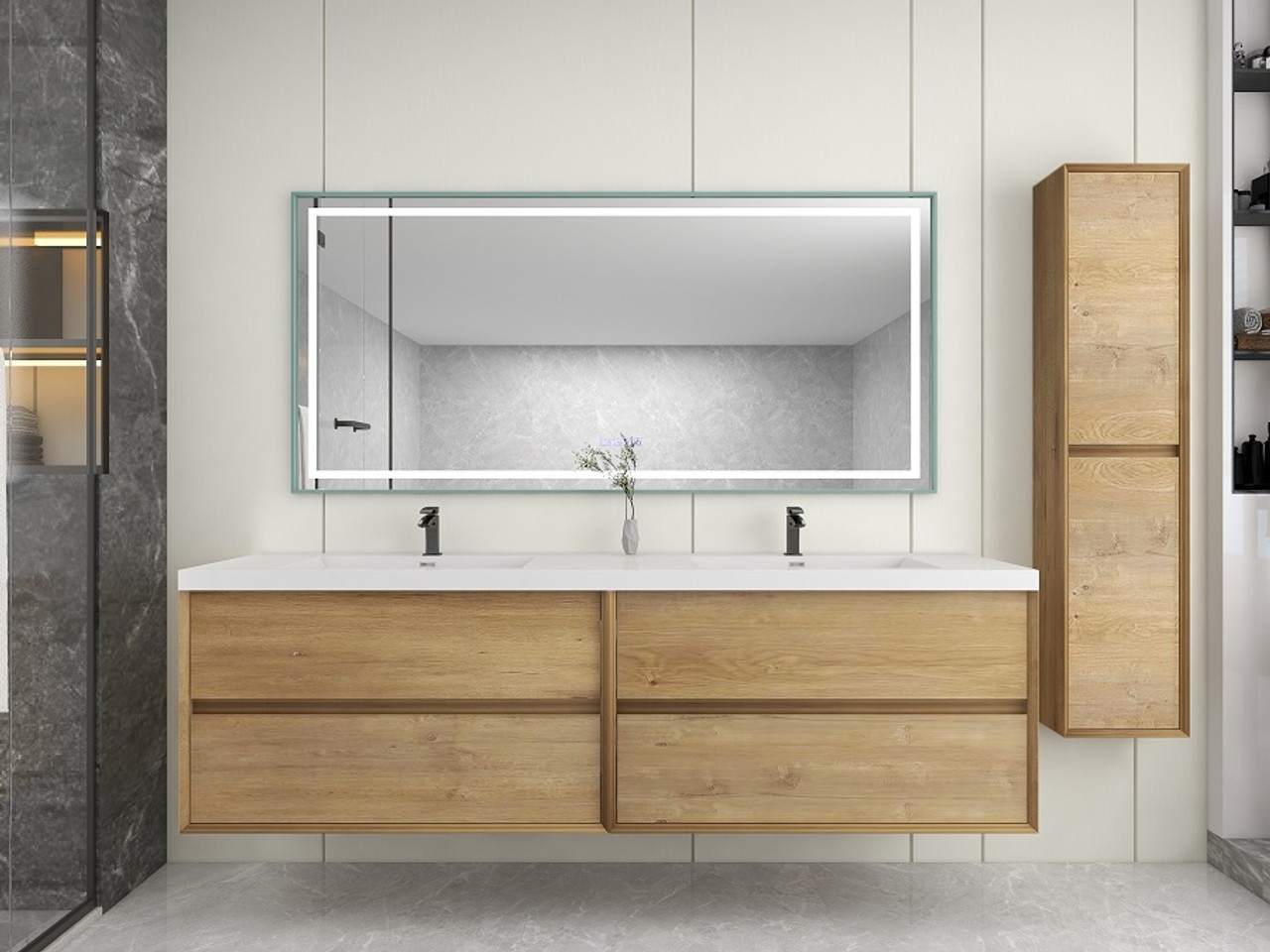 Floating Double Vanity with Backlit Mirror and Matching Linen Cabinet