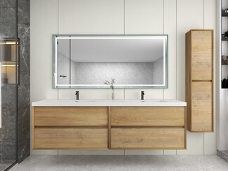 Floating Double Vanity with Backlit Mirror and Matching Linen Cabinet